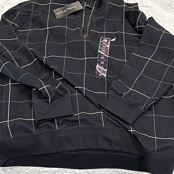 MENS NAVY PLAID ZIP UP SWEATER - Picture 1 of 5